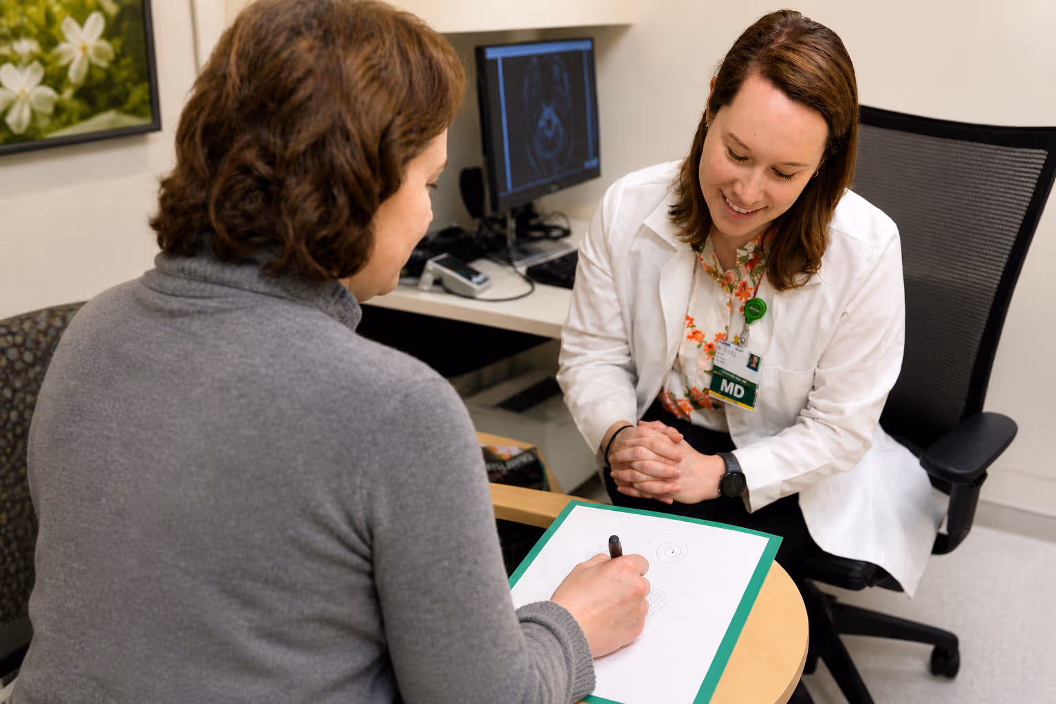 A tremor assessment during a clinic evaluation