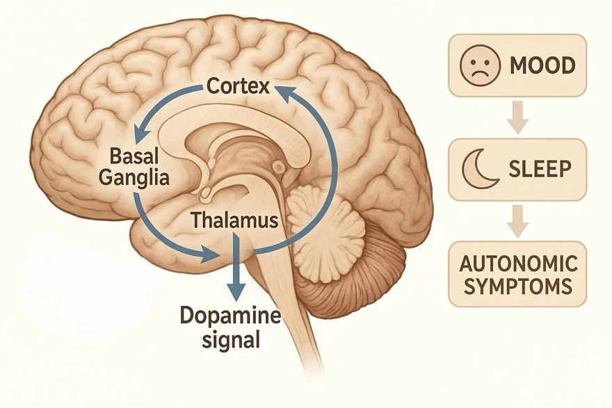 The basal ganglia–thalamus–cortex loop with the dopamine signal weakened. The same loop carries mood, sleep and autonomic function, which is why Parkinson's disease is never only a movement disorder