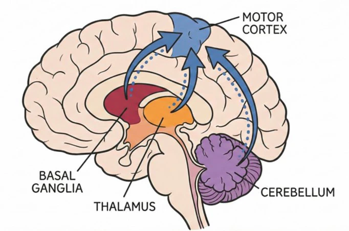 Diagram of the brain highlighting the basal ganglia, thalamus and cerebellum