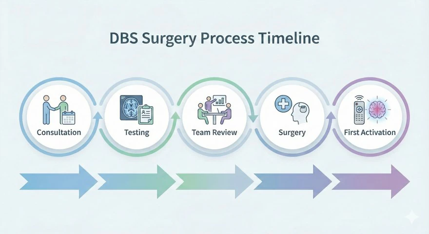 The DBS surgery process timeline: consultation, testing, team review, surgery and first activation