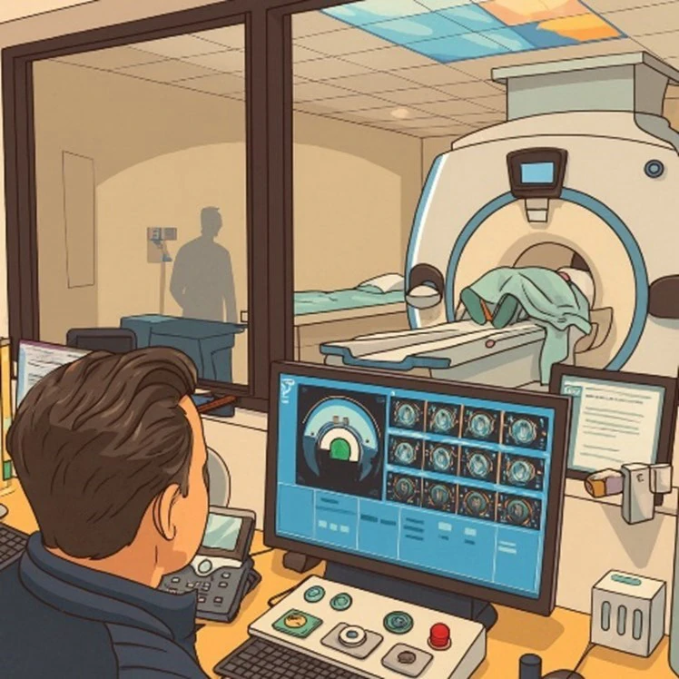 The operator console, where the team controls delivery of the treatment