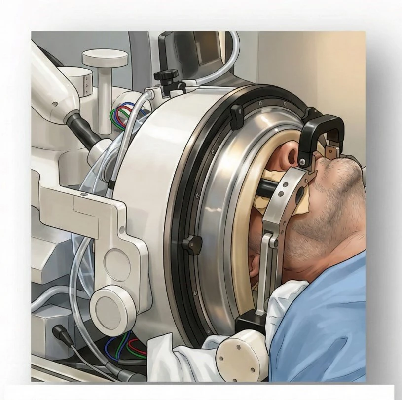 The elastic membrane is attached to the transducer once the patient is positioned on the MRI table