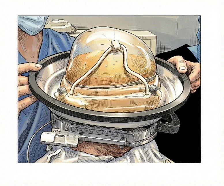 The elastic membrane placed over the scalp. Cooled, de-gassed water circulates through it, both carrying the ultrasound cleanly through the skull and drawing heat away from the scalp