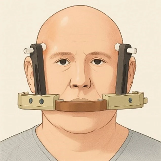 The shaved scalp, numbed pin sites and frame placement