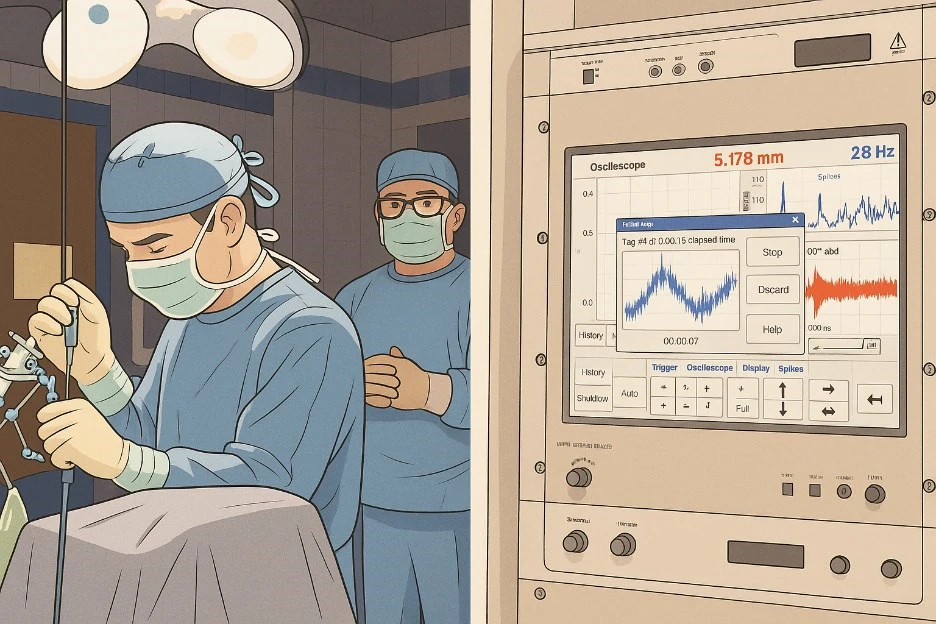 Microelectrode recordings made during awake DBS surgery. The team listens to the electrical signature of each brain region along the path
