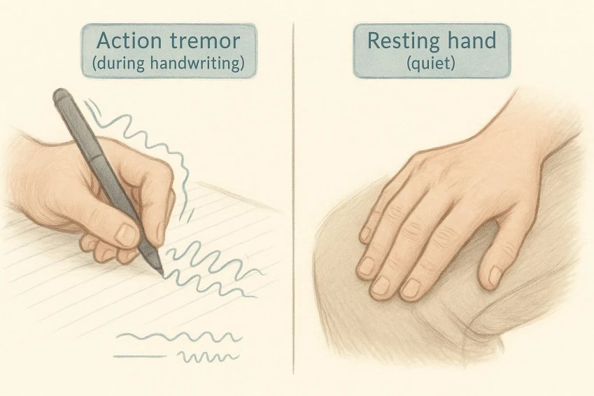 Essential tremor shows itself in use: the hand shakes during handwriting and settles when it is at rest. That pattern is what separates it from the tremor of Parkinson's disease