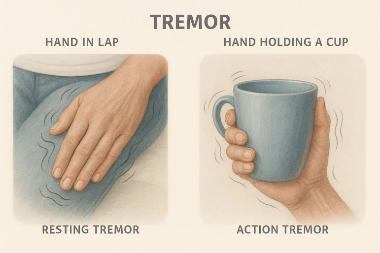 Resting tremor (left), typical of Parkinson's disease, and action tremor (right), the hallmark of essential tremor